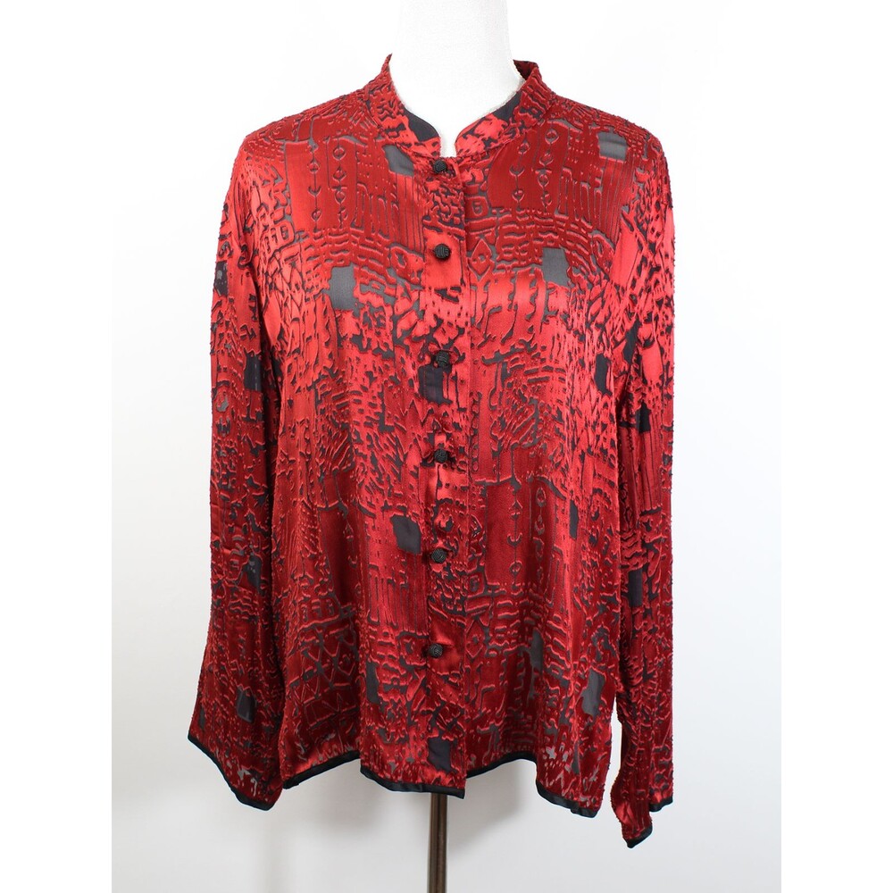 Chico's Design Size 3 XL Red Satin Burnout Button Down Blouse Vintage Abstract
